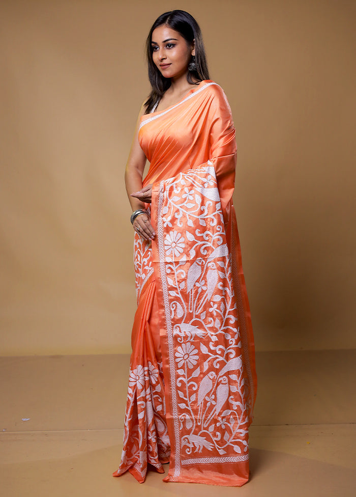 Orange Kantha Stitch Silk Saree With Blouse Piece