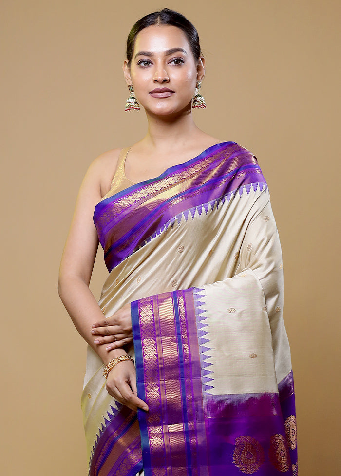 Cream Gadwal Pure Silk Saree Without Blouse Piece