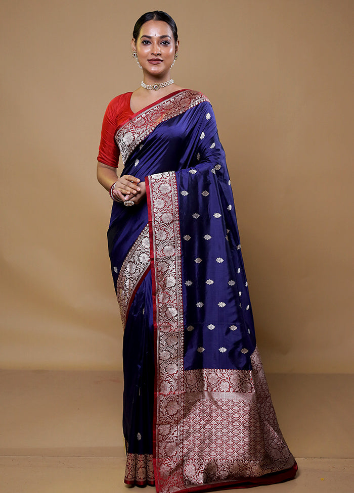 Blue Handloom Katan Pure Silk Saree With Blouse Piece