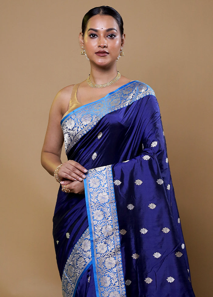 Blue Handloom Katan Pure Silk Saree With Blouse Piece