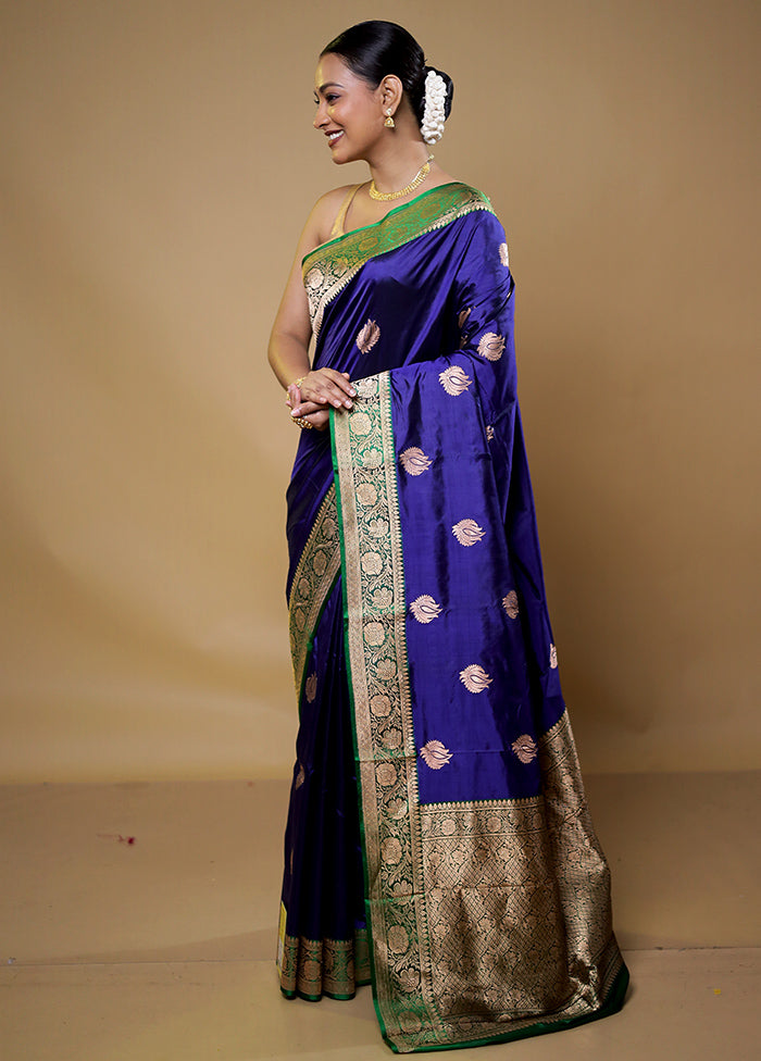 Blue Handloom Katan Pure Silk Saree With Blouse Piece