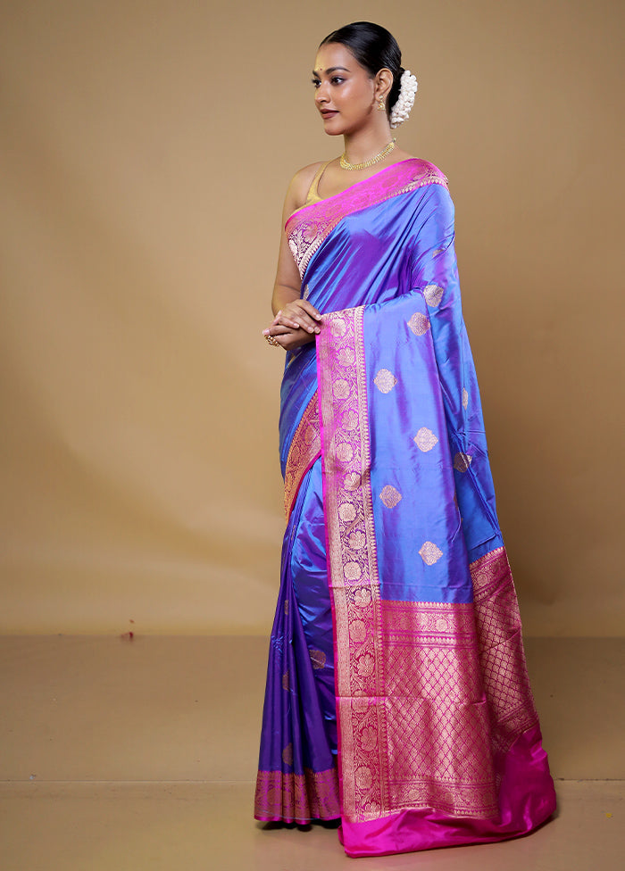 Blue Handloom Katan Pure Silk Saree With Blouse Piece