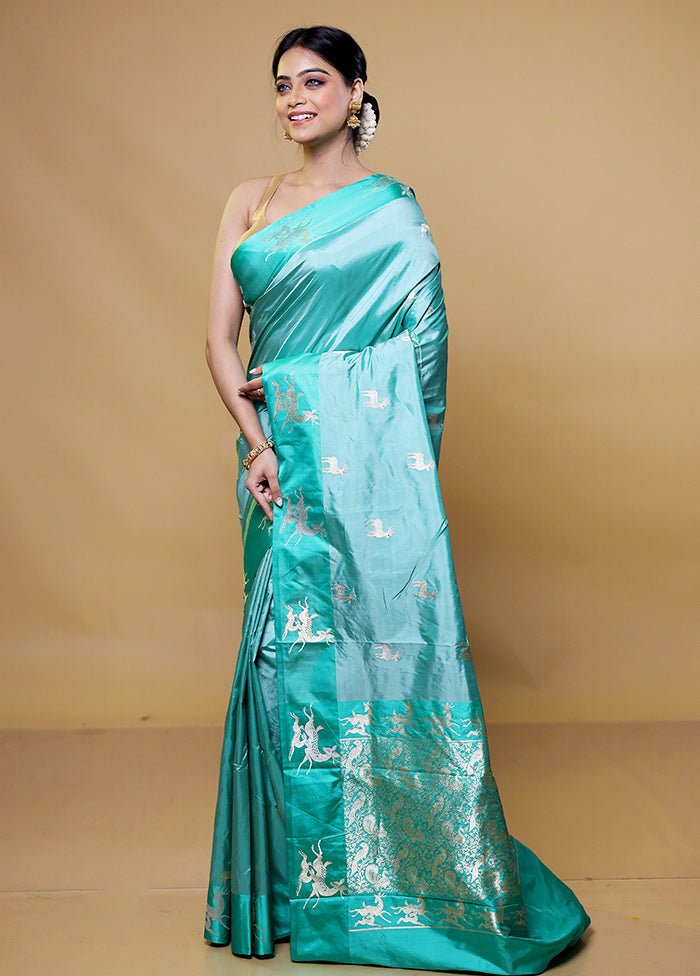 Green Handloom Katan Pure Silk Saree With Blouse Piece