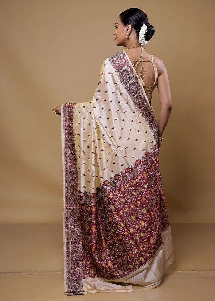 Cream Handloom Katan Pure Silk Saree With Blouse Piece