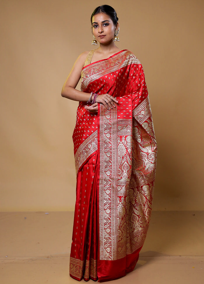 Red Handloom Banarasi Pure Silk Saree With Blouse Piece