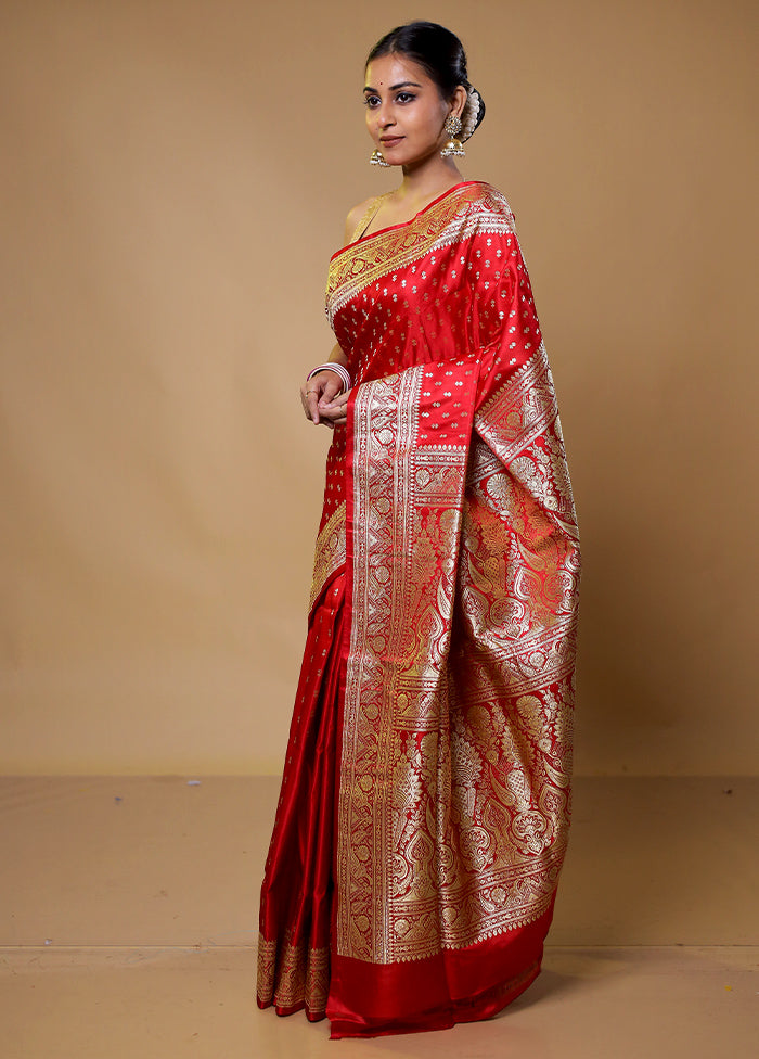 Red Handloom Banarasi Pure Silk Saree With Blouse Piece