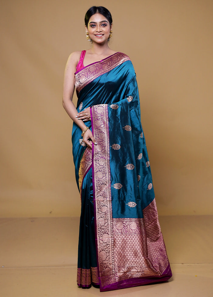 Blue Handloom Katan Pure Silk Saree With Blouse Piece