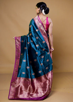 Blue Handloom Katan Pure Silk Saree With Blouse Piece