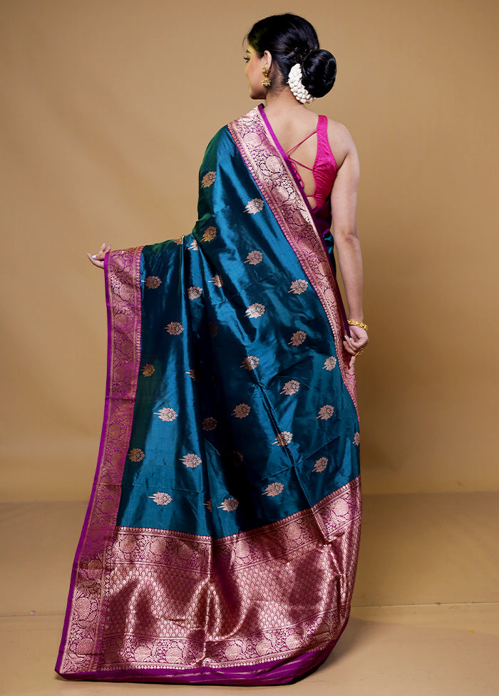 Blue Handloom Katan Pure Silk Saree With Blouse Piece