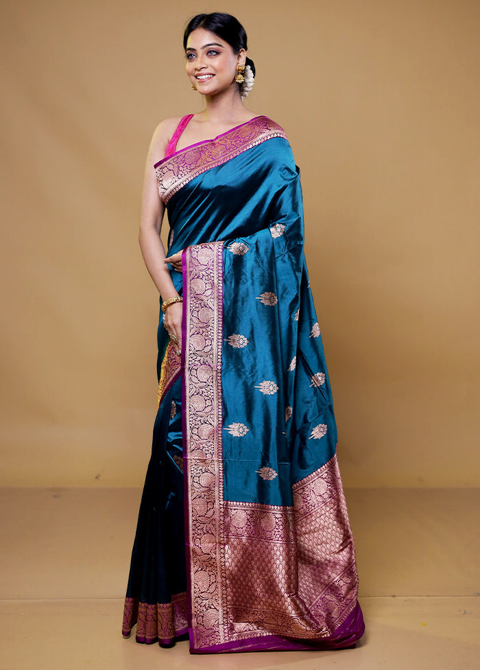 Blue Handloom Katan Pure Silk Saree With Blouse Piece