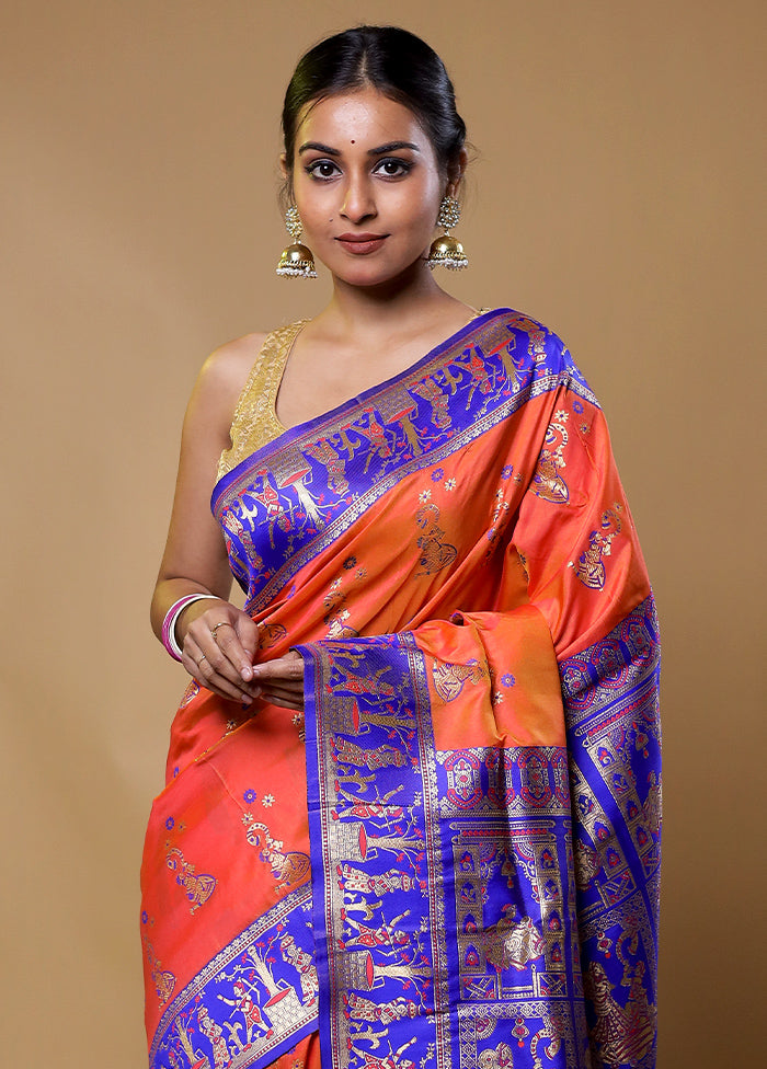 Orange Baluchari Silk Saree With Blouse Piece