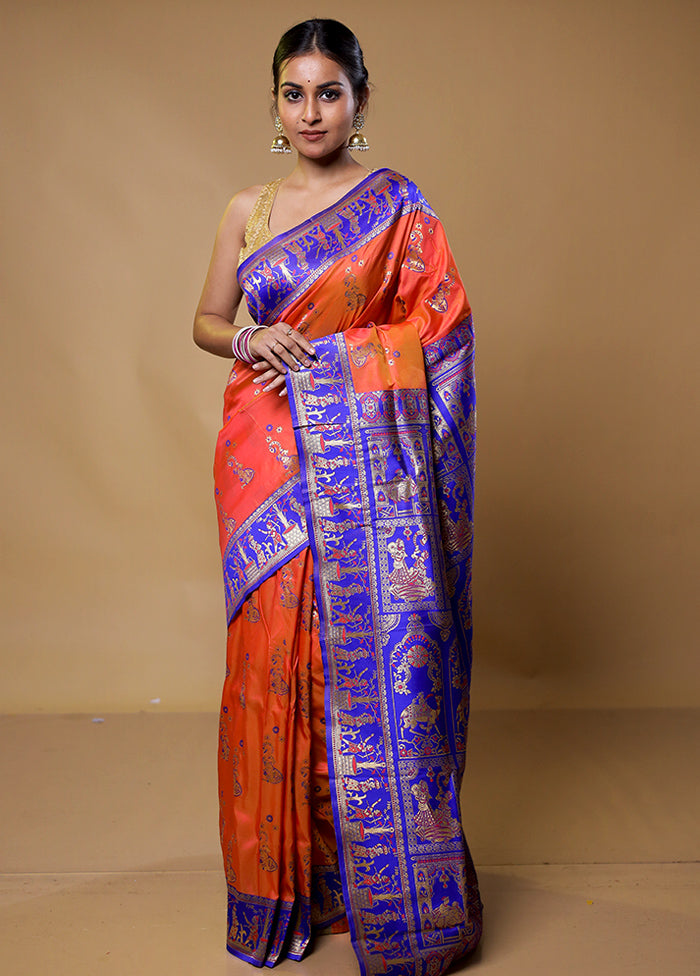 Orange Baluchari Silk Saree With Blouse Piece