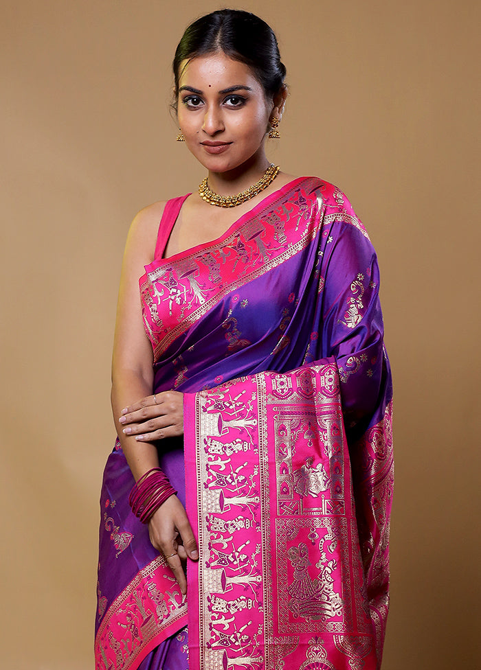 Purple Baluchari Silk Saree With Blouse Piece