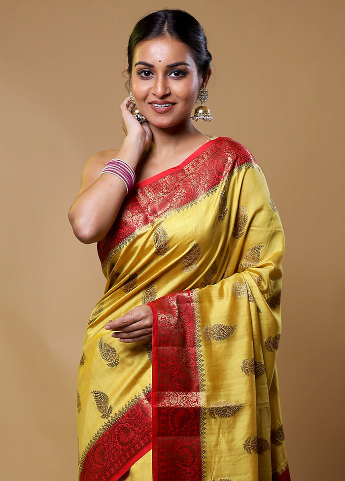 Yellow Handloom Dupion Pure Silk Saree With Blouse Piece