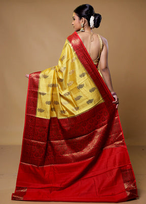 Yellow Handloom Dupion Pure Silk Saree With Blouse Piece