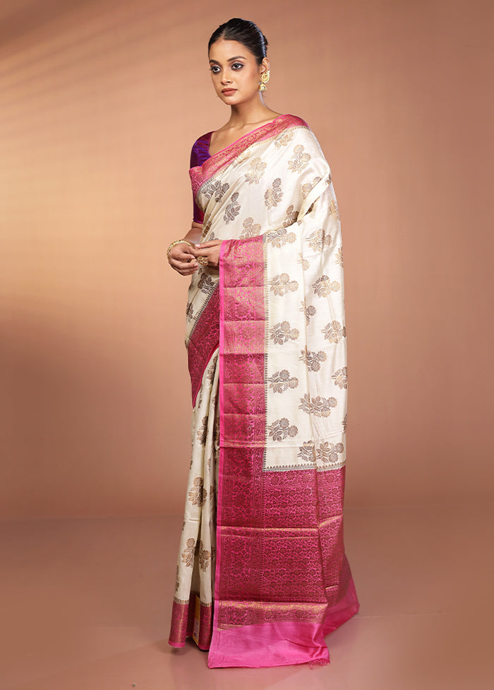 White Handloom Dupion Pure Silk Saree With Blouse Piece