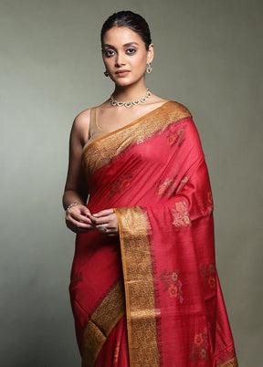 Red Handloom Dupion Pure Silk Saree With Blouse Piece
