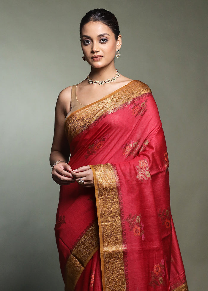 Red Handloom Dupion Pure Silk Saree With Blouse Piece