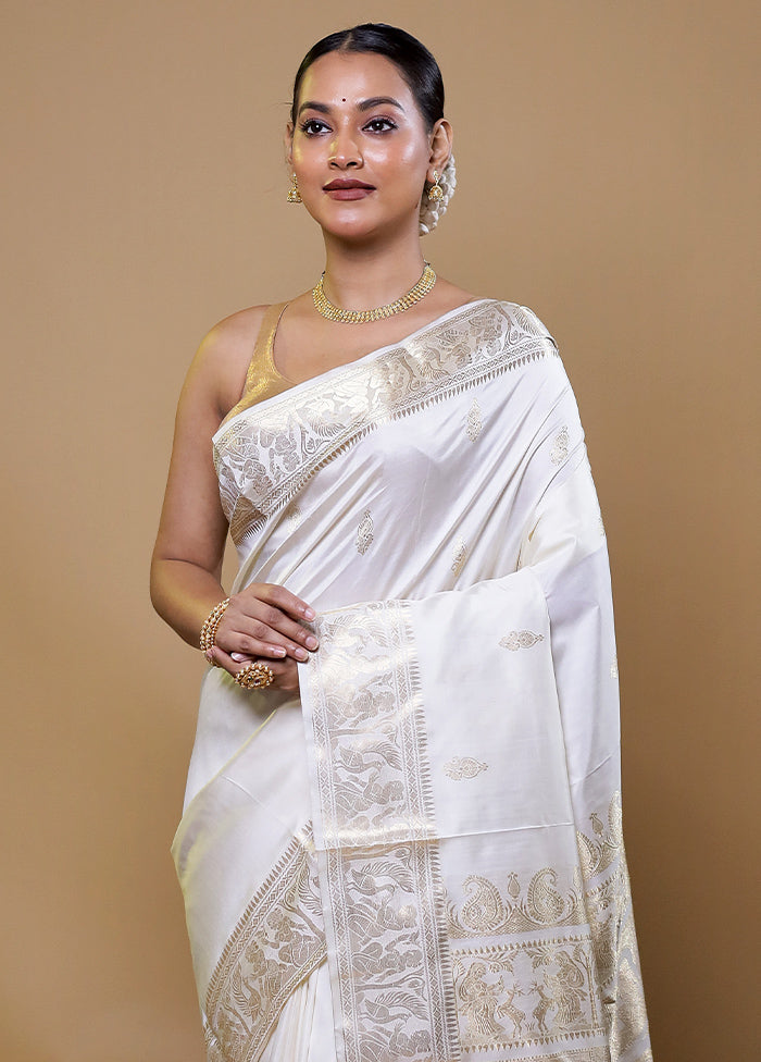 White Handloom Baluchari Pure Silk Saree With Blouse Piece