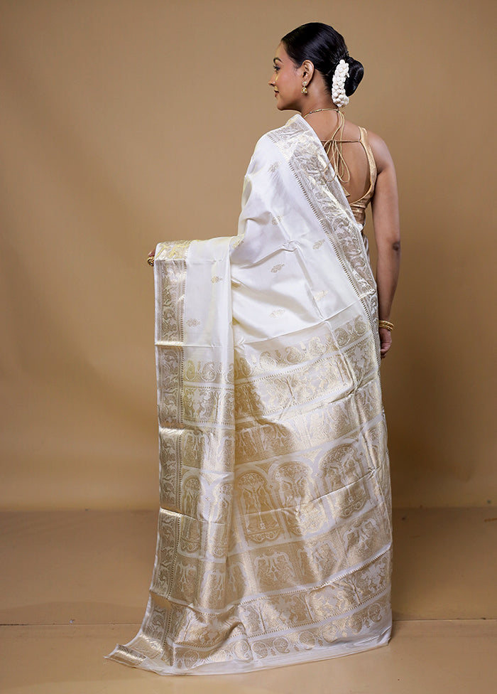 White Handloom Baluchari Pure Silk Saree With Blouse Piece