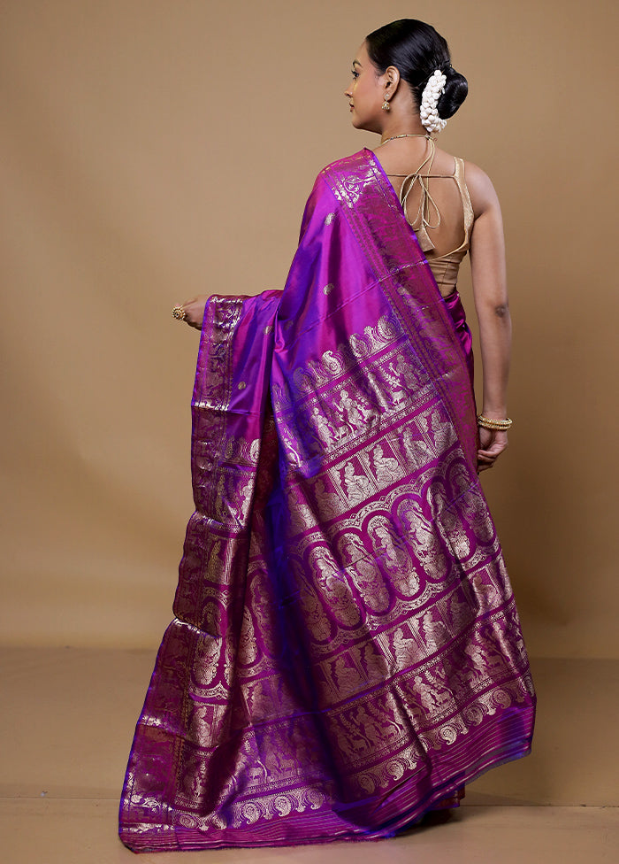 Purple Handloom Baluchari Pure Silk Saree With Blouse Piece