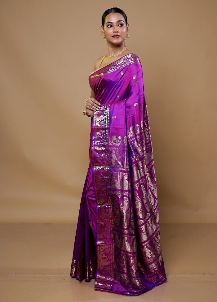 Purple Handloom Baluchari Pure Silk Saree With Blouse Piece