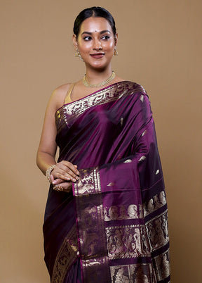 Purple Handloom Baluchari Pure Silk Saree With Blouse Piece