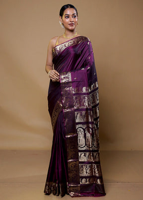 Purple Handloom Baluchari Pure Silk Saree With Blouse Piece