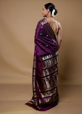 Purple Handloom Baluchari Pure Silk Saree With Blouse Piece