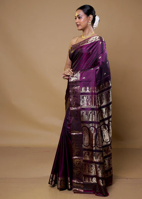 Purple Handloom Baluchari Pure Silk Saree With Blouse Piece