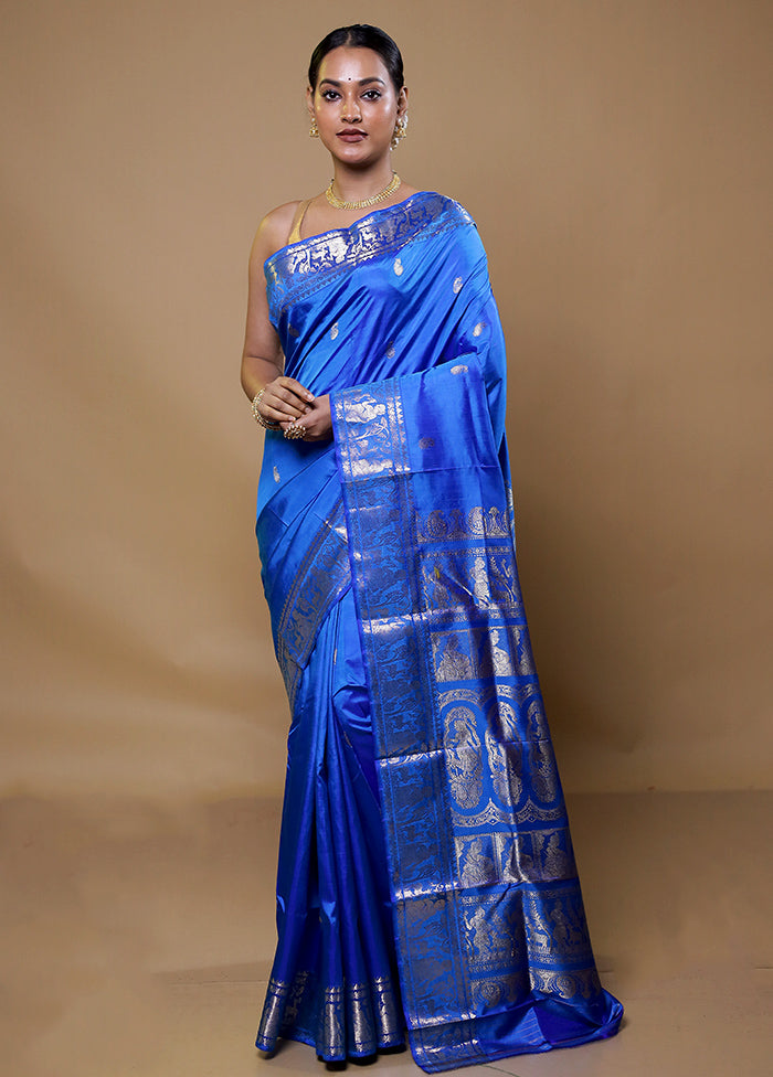 Blue Handloom Baluchari Pure Silk Saree With Blouse Piece