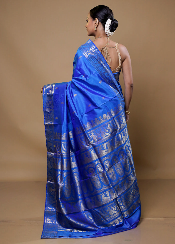 Blue Handloom Baluchari Pure Silk Saree With Blouse Piece