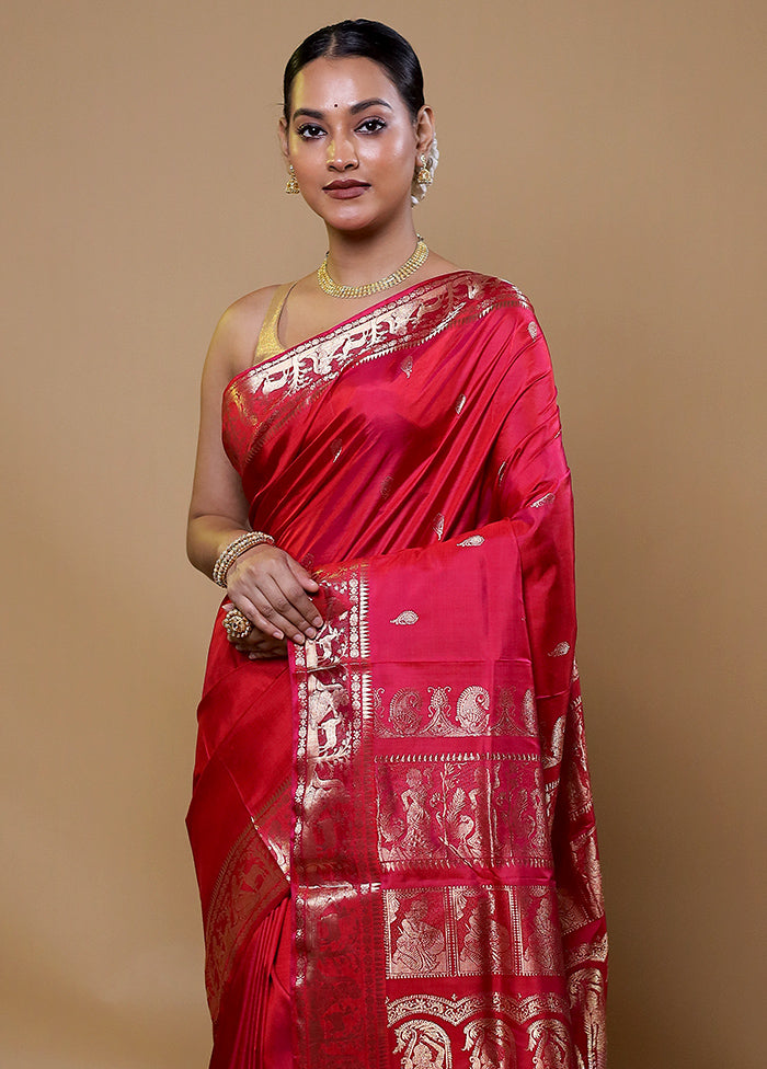 Red Handloom Baluchari Pure Silk Saree With Blouse Piece