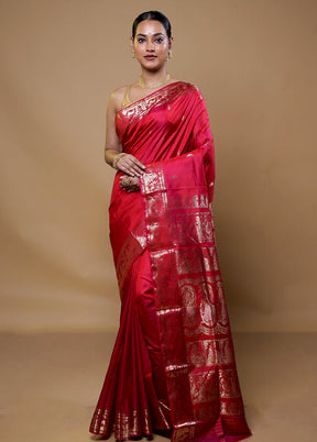 Red Handloom Baluchari Pure Silk Saree With Blouse Piece