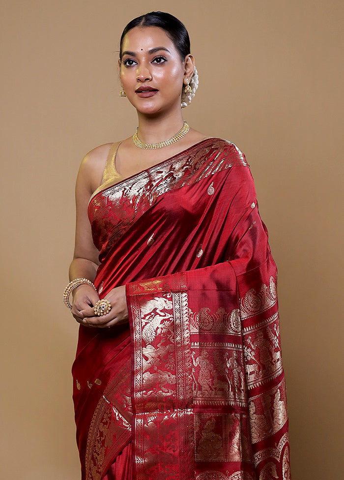 Maroon Handloom Baluchari Pure Silk Saree With Blouse Piece