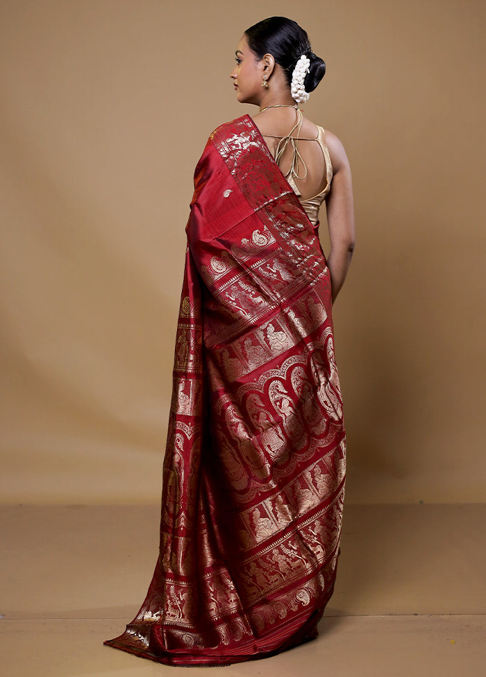 Maroon Handloom Baluchari Pure Silk Saree With Blouse Piece