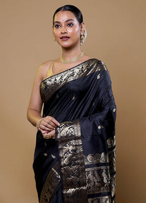 Black Handloom Baluchari Pure Silk Saree With Blouse Piece