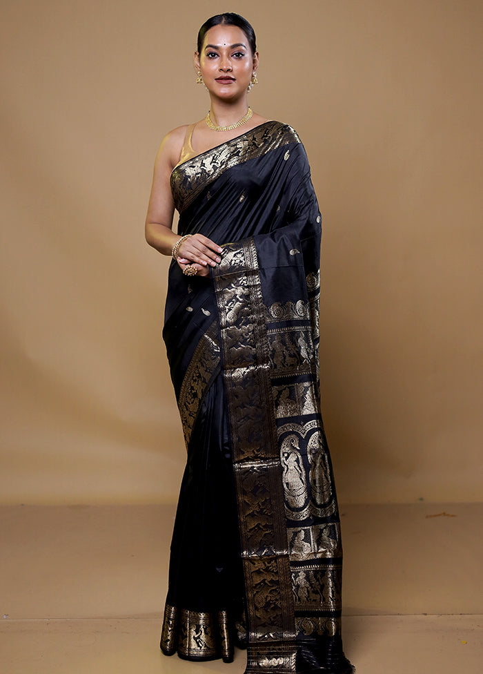 Black Handloom Baluchari Pure Silk Saree With Blouse Piece