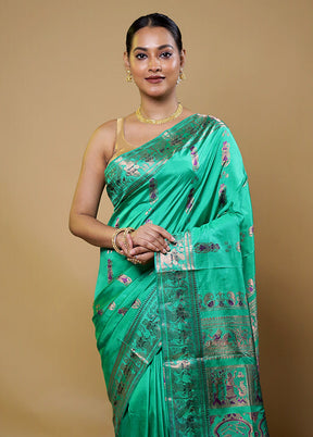 Green Handloom Baluchari Pure Silk Saree With Blouse Piece