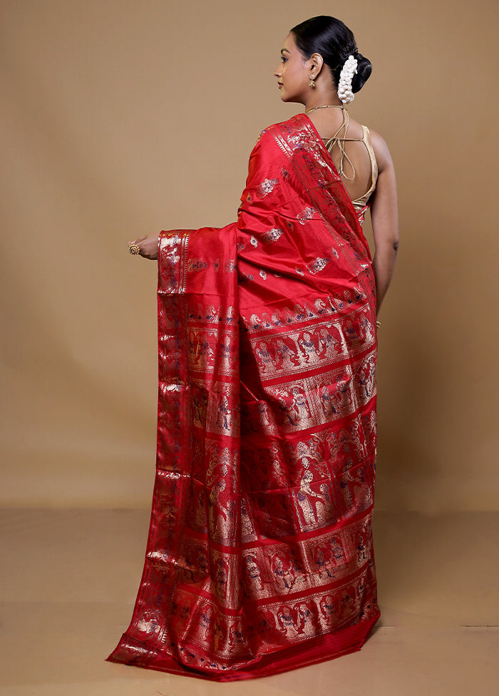 Red Handloom Baluchari Pure Silk Saree With Blouse Piece