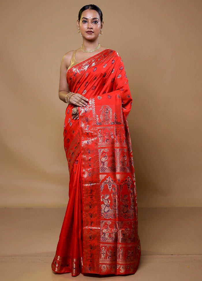 Red Handloom Baluchari Pure Silk Saree With Blouse Piece