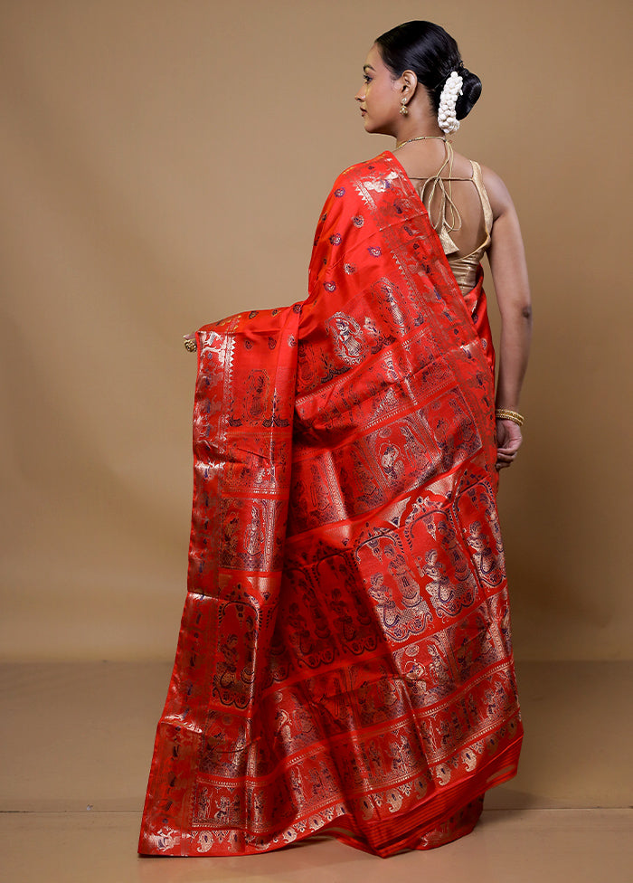 Red Handloom Baluchari Pure Silk Saree With Blouse Piece