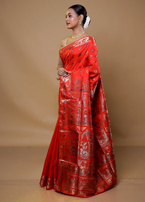 Red Handloom Baluchari Pure Silk Saree With Blouse Piece