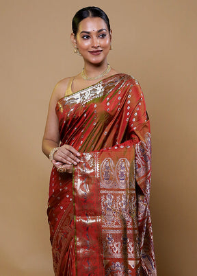 Rust Handloom Baluchari Pure Silk Saree With Blouse Piece