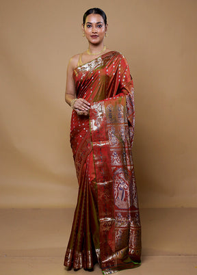 Rust Handloom Baluchari Pure Silk Saree With Blouse Piece