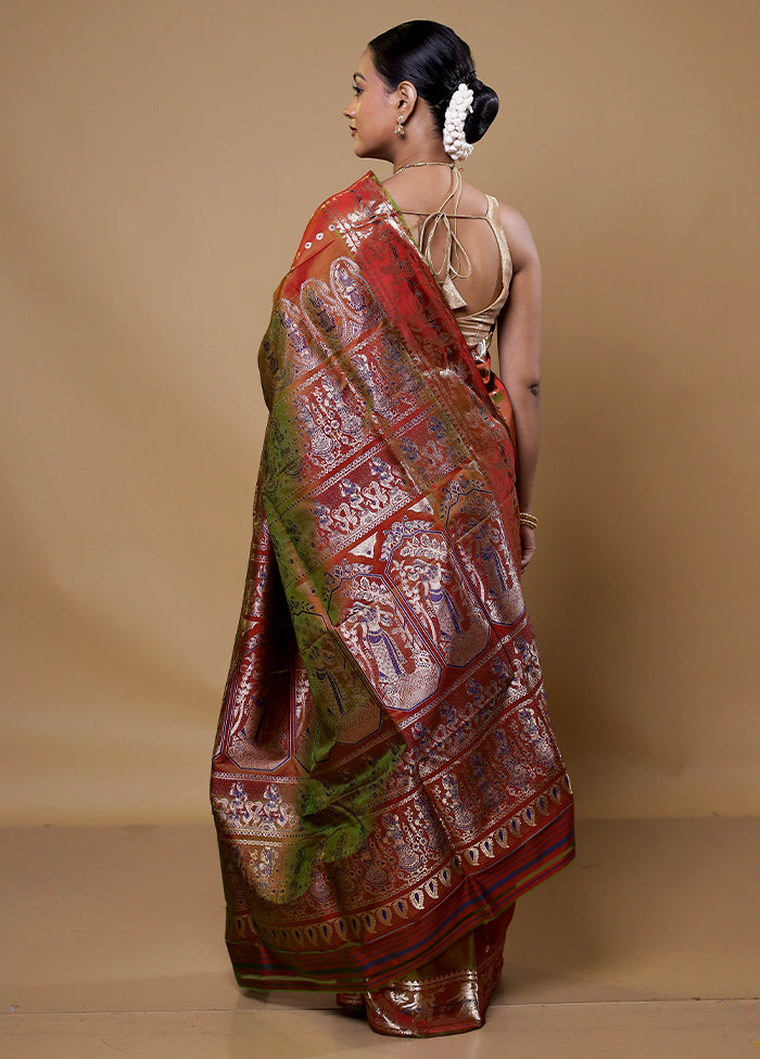 Rust Handloom Baluchari Pure Silk Saree With Blouse Piece