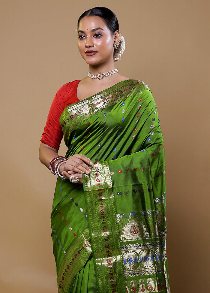 Green Handloom Baluchari Pure Silk Saree With Blouse Piece