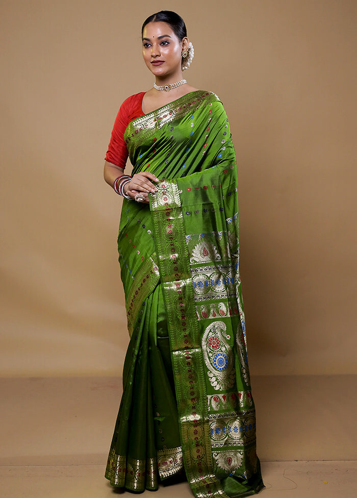 Green Handloom Baluchari Pure Silk Saree With Blouse Piece