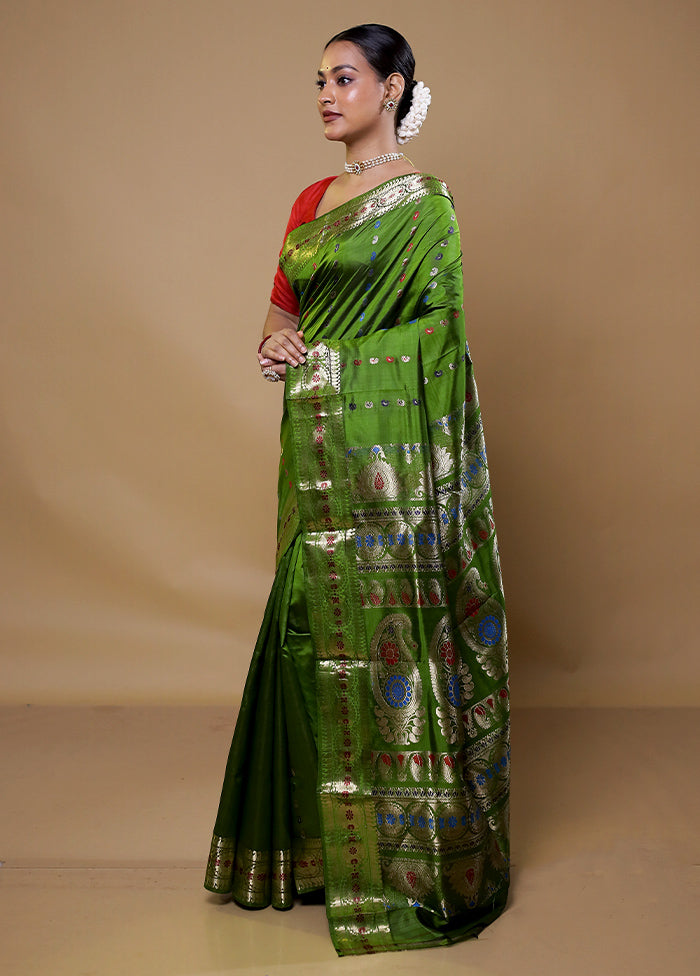 Green Handloom Baluchari Pure Silk Saree With Blouse Piece