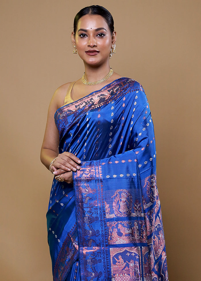 Blue Handloom Baluchari Pure Silk Saree With Blouse Piece